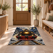 Steam Locomotive Front View Rug in an entryway with a wooden door and bench