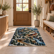 Mountain Railway Rug in an entryway with a wooden door and bench