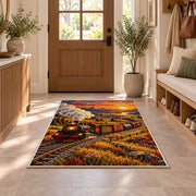 Freight Train Sunset Rug in an entryway with a wooden door and bench
