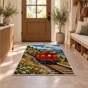 Red Caboose Rug in an entryway with a wooden door and bench