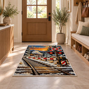 Railroad Crossing Rug in an entryway with a wooden door and bench