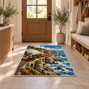 Coastal Train Rug in an entryway with a wooden door and bench