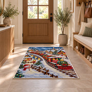 Christmas Village Train Rug in an entryway with a wooden door and bench
