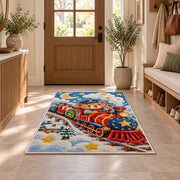 Teddy Bear Train Rug in an entryway with a wooden door and bench
