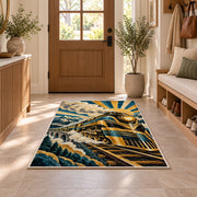 Art Deco Train Rug in an entryway with a wooden door and bench
