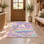 white unicorn on a rainbow rug in an entryway with a wooden door and bench