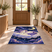 unicorn sleeping on a cloud rug in an entryway with a wooden door and bench