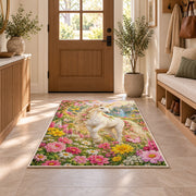unicorn in a flower garden rug in an entryway with a wooden door and bench