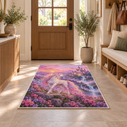unicorn before a fairytale castle rug in an entryway with a wooden door and bench