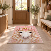 unicorn face with flower crown rug in an entryway with a wooden door and bench