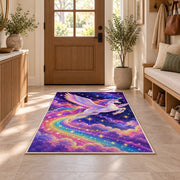 winged unicorn flying through stars rug in an entryway with a wooden door and bench