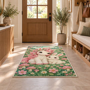 baby unicorn and bunny friend rug in an entryway with a wooden door and bench