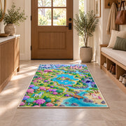 unicorn land map rug in an entryway with a wooden door and bench