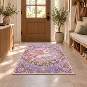 leaping unicorn in a floral wreath rug in an entryway with a wooden door and bench