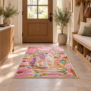 unicorn in a candy garden rug in an entryway with a wooden door and bench
