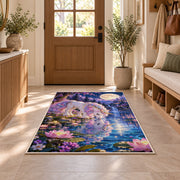 unicorn drinking at a moonlit lake rug in an entryway with a wooden door and bench