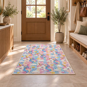 unicorn heads and stars pattern on pastel stripes rug in an entryway with a wooden door and bench