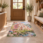 mother and baby unicorn rug in an entryway with a wooden door and bench