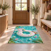 unicorn pool float rug in an entryway with a wooden door and bench