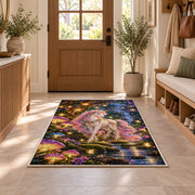 unicorn in an enchanted forest rug in an entryway with a wooden door and bench