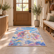 unicorn on clouds with double rainbow rug in an entryway with a wooden door and bench