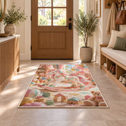 unicorn rocking horse in a playroom rug in an entryway with a wooden door and bench