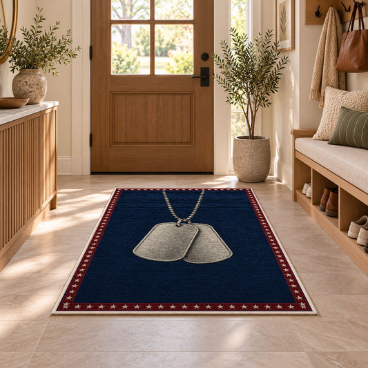 Military Dog Tags rug in an entryway with a wooden door and bench