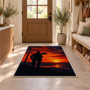 Soldier Salute Sunset rug in an entryway with a wooden door and bench
