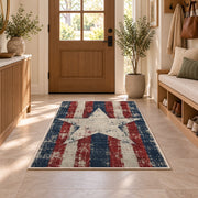 Distressed Americana Star rug in an entryway with a wooden door and bench