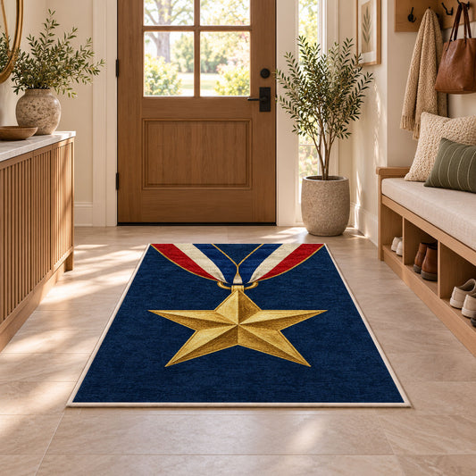 Gold Star Medal rug in an entryway with a wooden door and bench