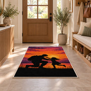 Soldier Homecoming rug in an entryway with a wooden door and bench