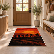 Soldiers March Sunset rug in an entryway with a wooden door and bench