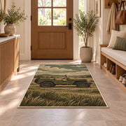 Vintage Military Jeep rug in an entryway with a wooden door and bench