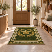 Gold Star Laurel rug in an entryway with a wooden door and bench