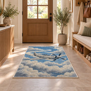 Vintage Propeller Plane rug in an entryway with a wooden door and bench