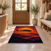Helicopter Sunset rug in an entryway with a wooden door and bench