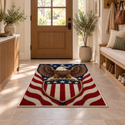 Patriotic Eagle Shield rug in an entryway with a wooden door and bench