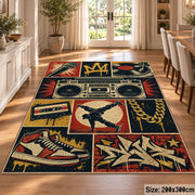 Hip Hop Street Music Collage area rug in navy, red and gold, view 9