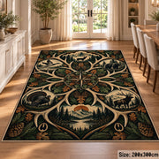 Deer Antler Woodland Emblem area rug in deep green, tan and brown, view 9