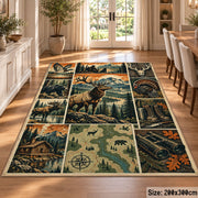 Wildlife Hunting Camp Collage area rug in pine green, warm beige and orange, view 9
