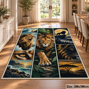 Lion Savanna Panel Collage area rug in gold, olive and midnight blue, view 9