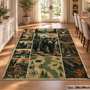 Bear and Deer Woodland Collage area rug in olive green, brown and cream, view 9