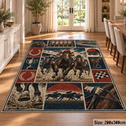 Galloping Racehorses and Track Panels area rug in muted red, navy and sepia, view 9
