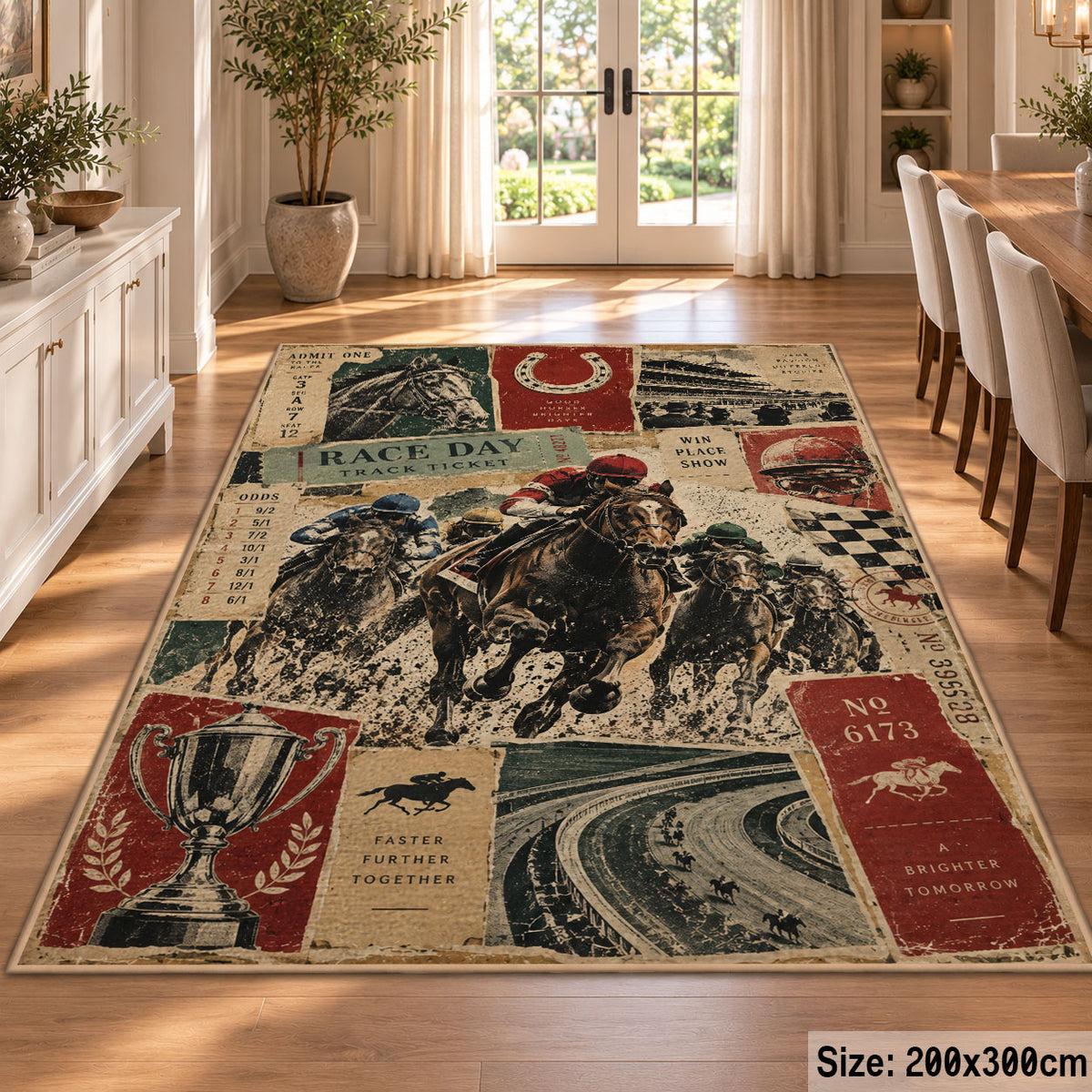 Classic Horse Race Poster Collage area rug in warm cream, rust and sage, view 9