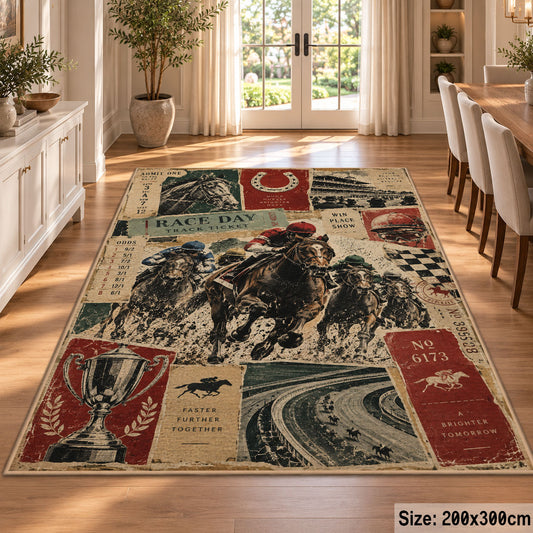 Classic Horse Race Poster Collage area rug in warm cream, rust and sage, view 9