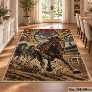 Galloping Horse and Horseshoe Medallion area rug in tan, brown and dark green, view 9