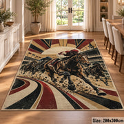 Racehorses and Sunburst Track area rug in warm ochre, burgundy and slate, view 9