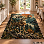 Stag in a Pine Forest area rug in sunset orange, forest green and tan, view 9