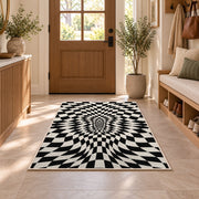Warped Checkerboard Area Rug, Black Cream Optical Illusion Rug, Bold Geometric Room Decor - Image 9