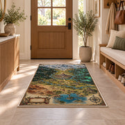 Kingdom map rug with castle, mountain peaks, forests, and lake in a sunny entryway